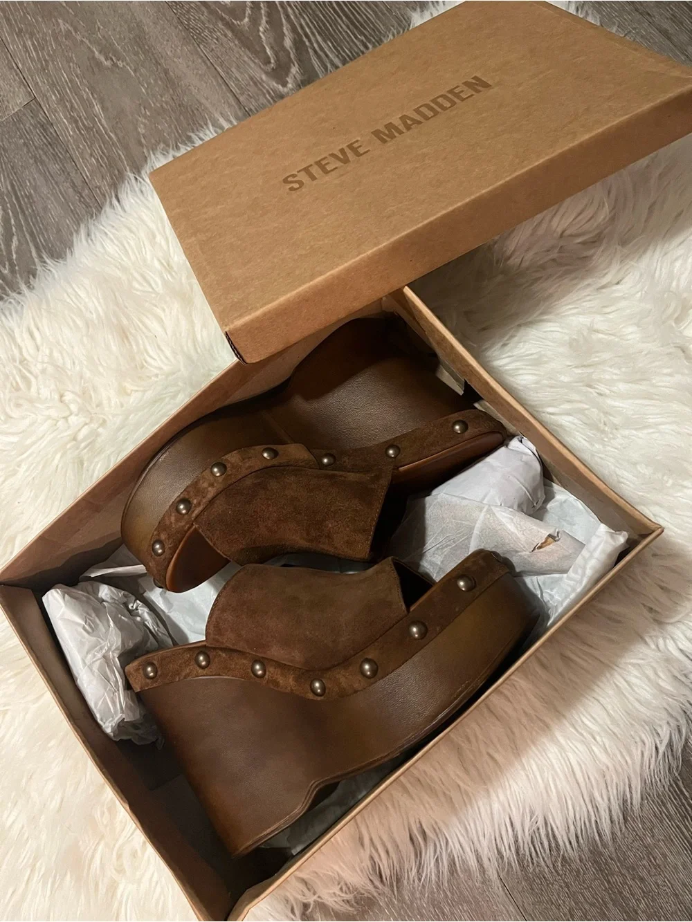 Steve Madden 'Jovie' Chestnut Brown Suede Studded Wedges